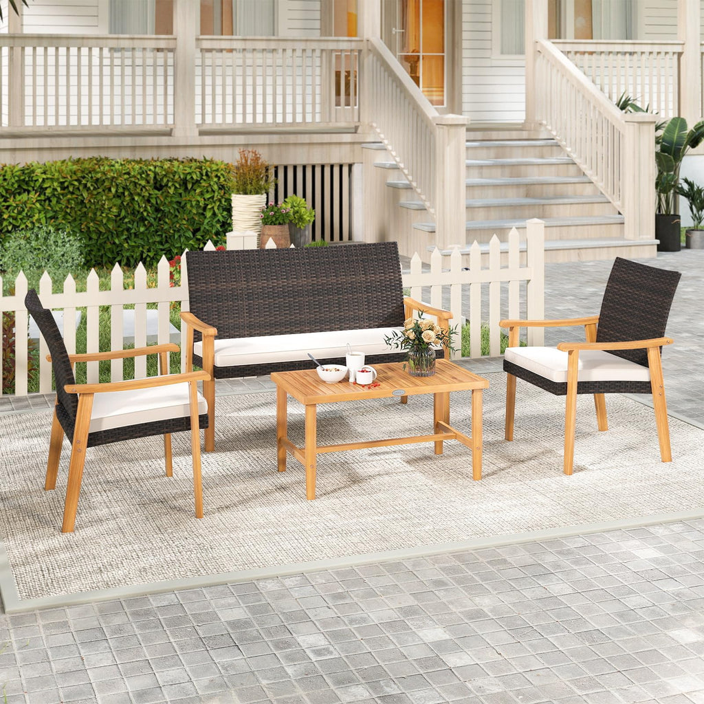 Tangkula PE Rattan Outdoor Cushioned Conversation Chairs with Acacia Wood Coffee Table