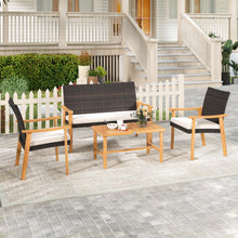 Load image into Gallery viewer, Tangkula PE Rattan Outdoor Cushioned Conversation Chairs with Acacia Wood Coffee Table
