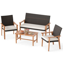 Tangkula PE Rattan Outdoor Cushioned Conversation Chairs with Acacia Wood Coffee Table