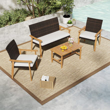 Load image into Gallery viewer, Tangkula PE Rattan Outdoor Cushioned Conversation Chairs with Acacia Wood Coffee Table
