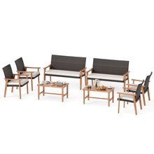 Load image into Gallery viewer, Tangkula PE Rattan Outdoor Cushioned Conversation Chairs with Acacia Wood Coffee Table