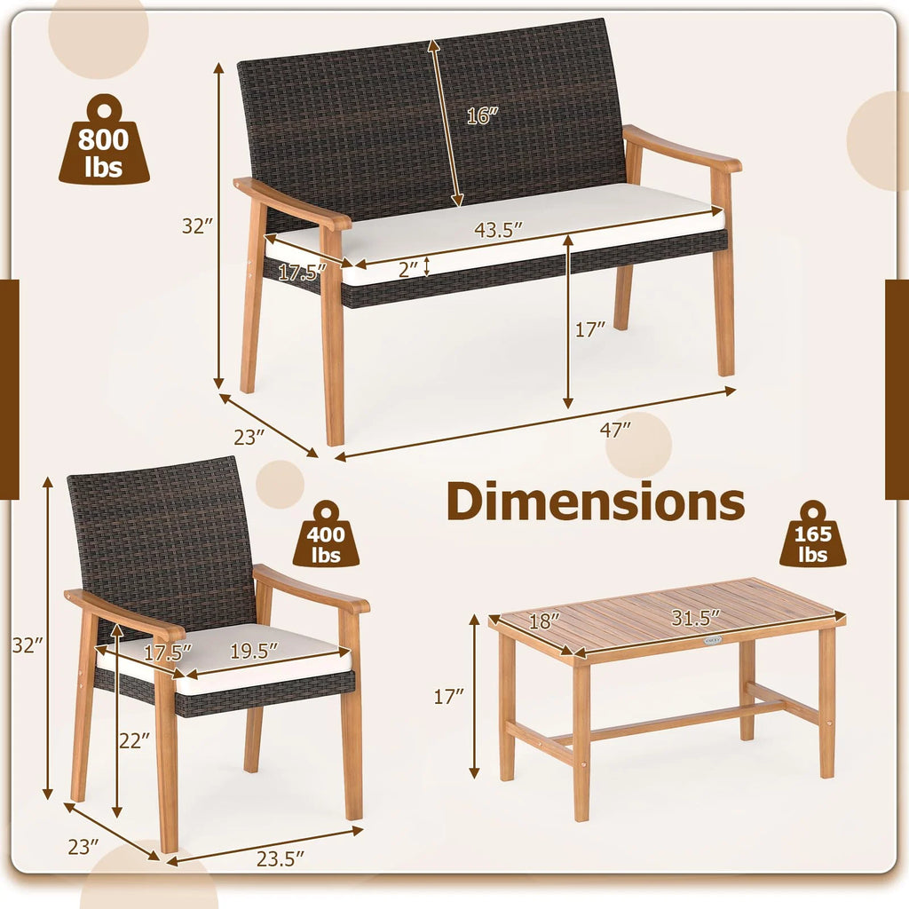 Tangkula PE Rattan Outdoor Cushioned Conversation Chairs with Acacia Wood Coffee Table